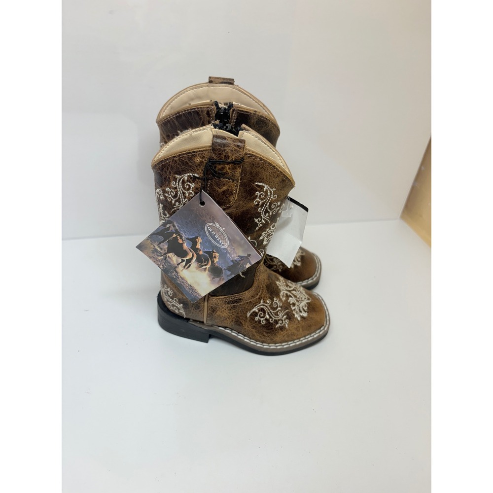 Old West Toddler Girls Size 5 Burnt Tan Cream Embroidery Square Toe Cowboy Boots